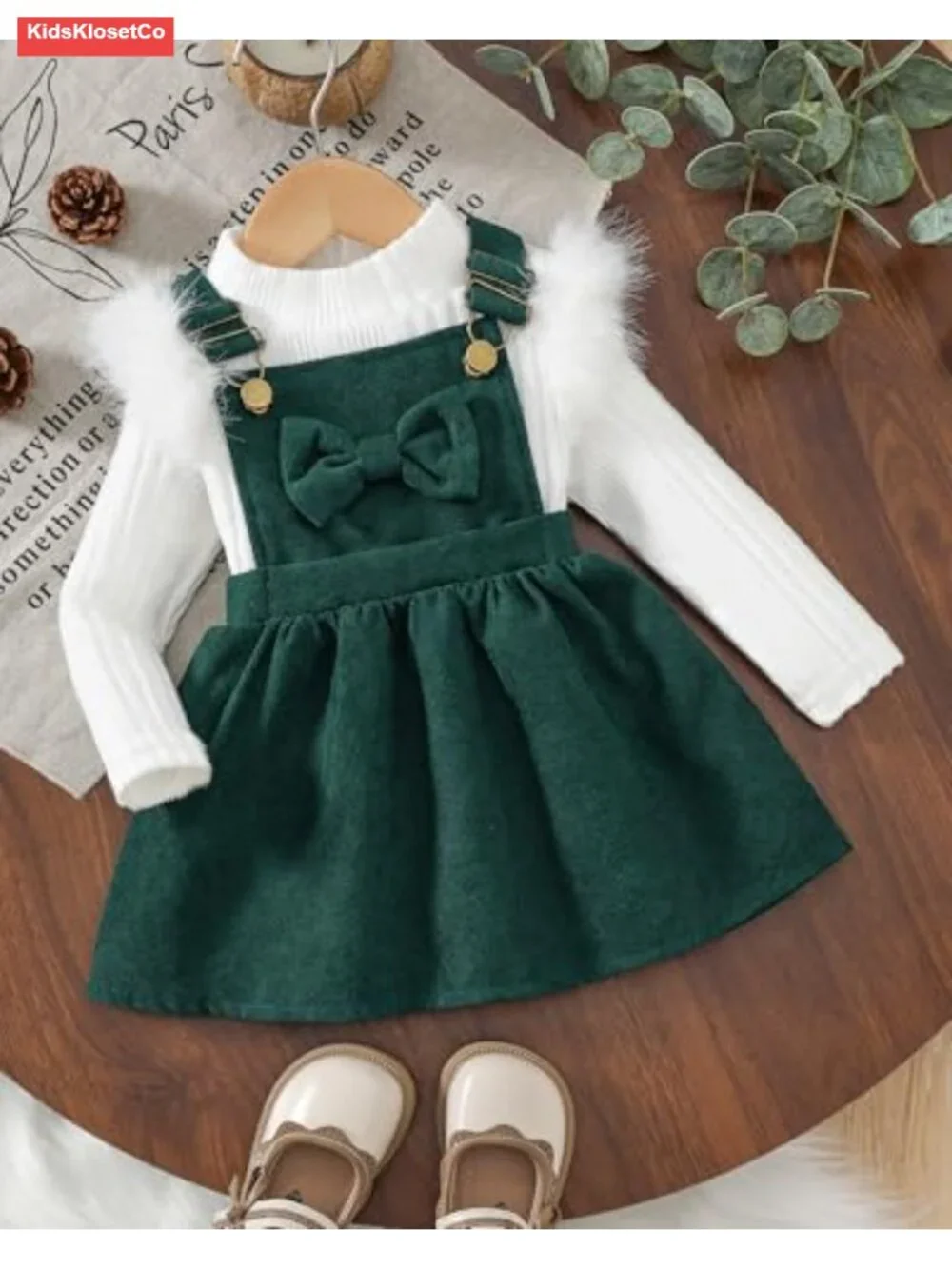 Toddler Girl Long Sleeve Ribbed T-Shirt Bow Suspender Overall Dress Skirt Set